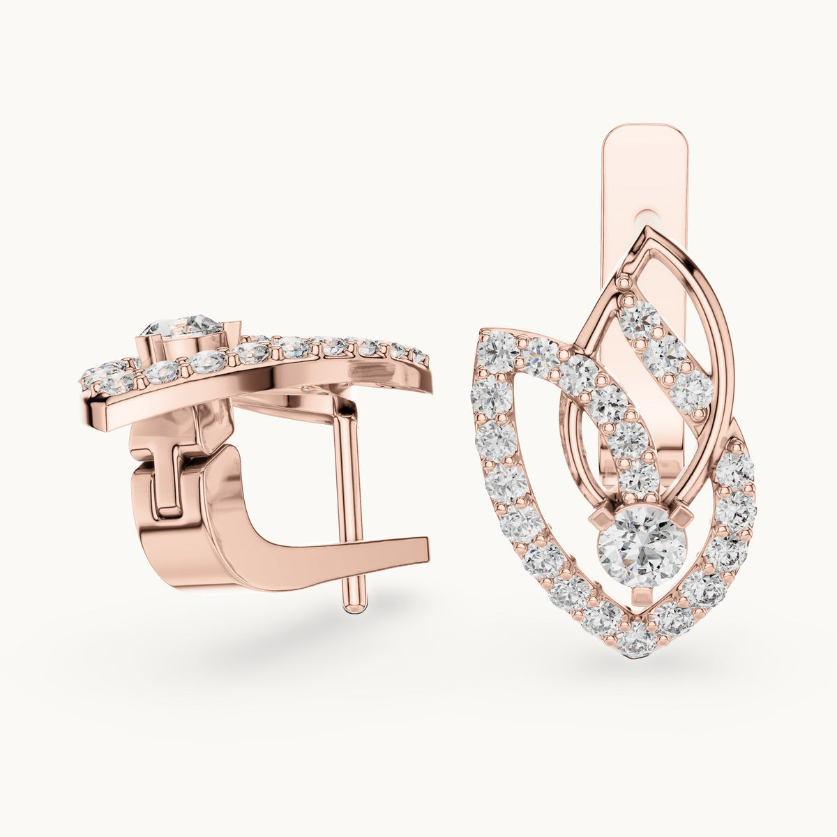 Round lab-grown diamond pave leaf huggie earrings in rose gold, 0.546 CT TW, view 1