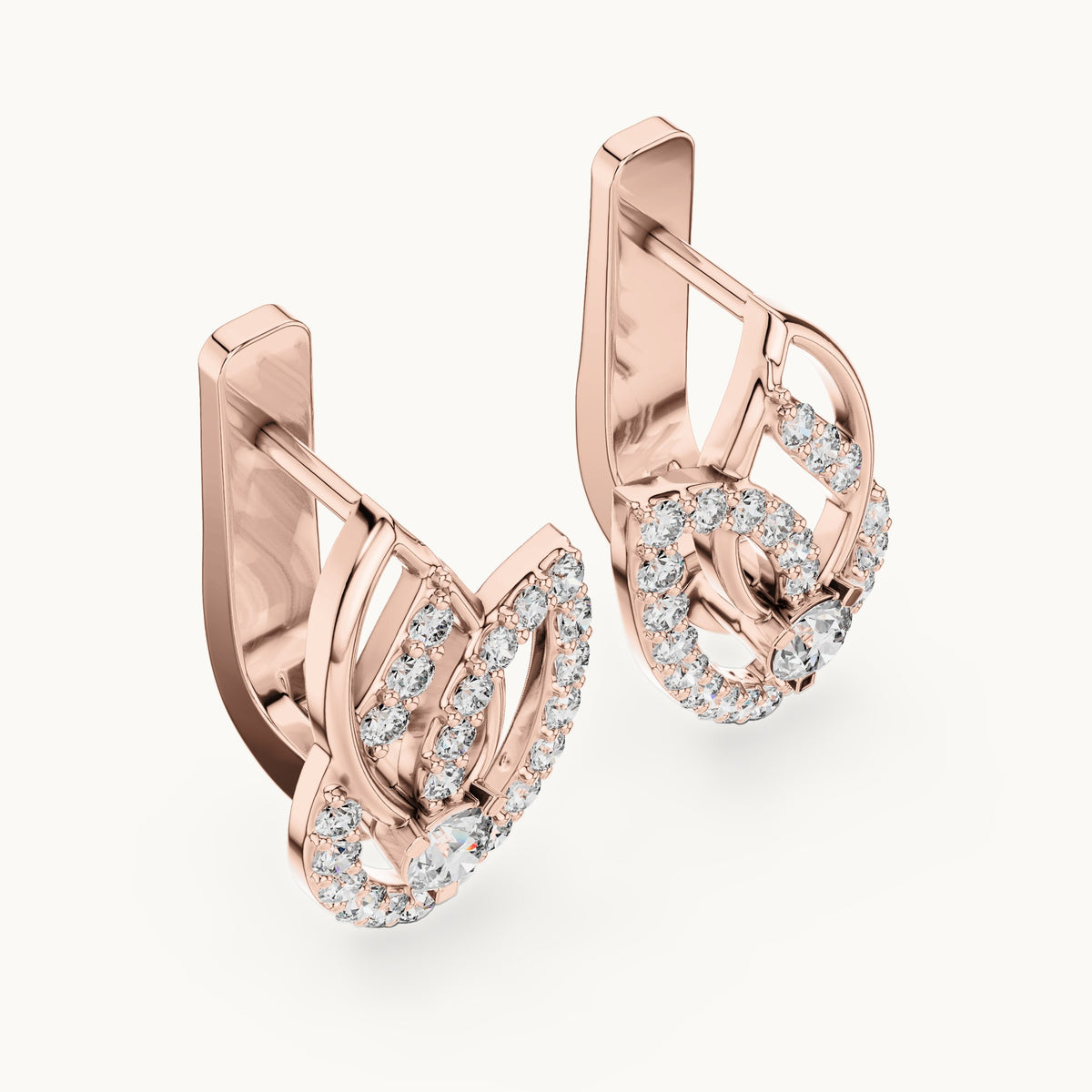 Round lab-grown diamond pave leaf huggie earrings in rose gold, 0.546 CT TW, view 2