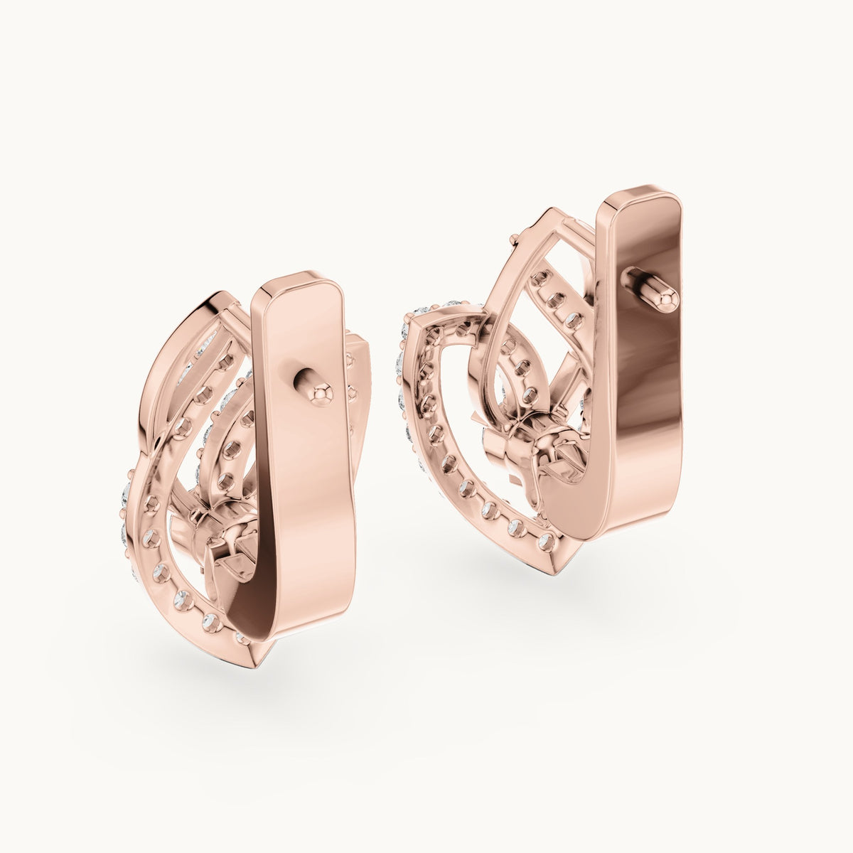 Round lab-grown diamond pave leaf huggie earrings in rose gold, 0.546 CT TW, view 3