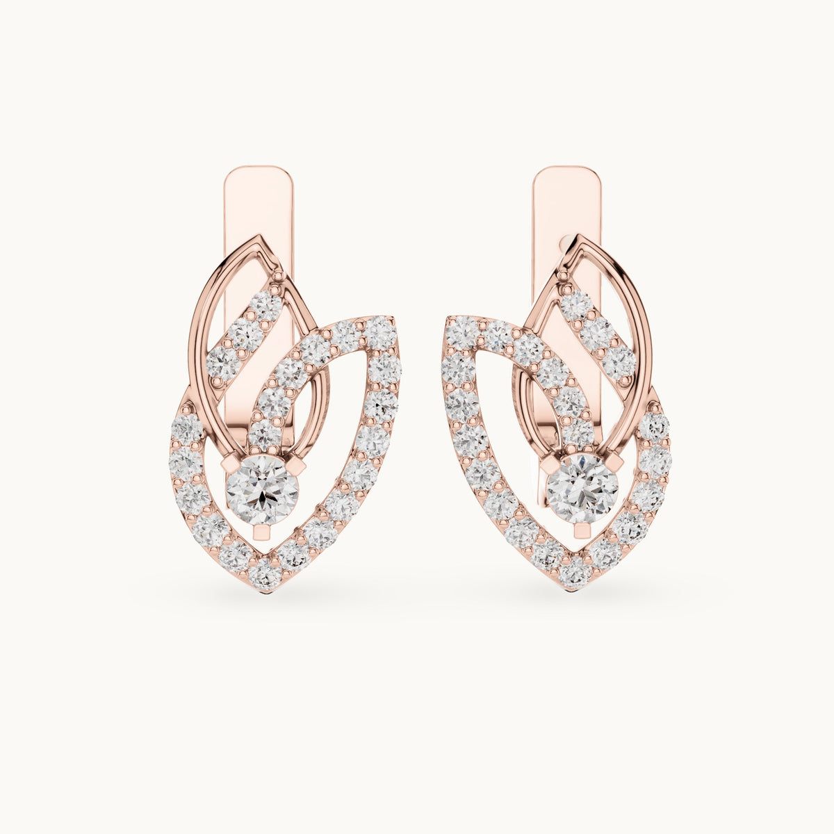Round lab-grown diamond pave leaf huggie earrings in rose gold, 0.546 CT TW, view 4