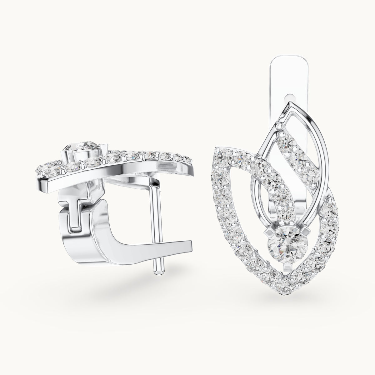 Round lab-grown diamond pave leaf huggie earrings in white gold, 0.546 CT TW, view 1