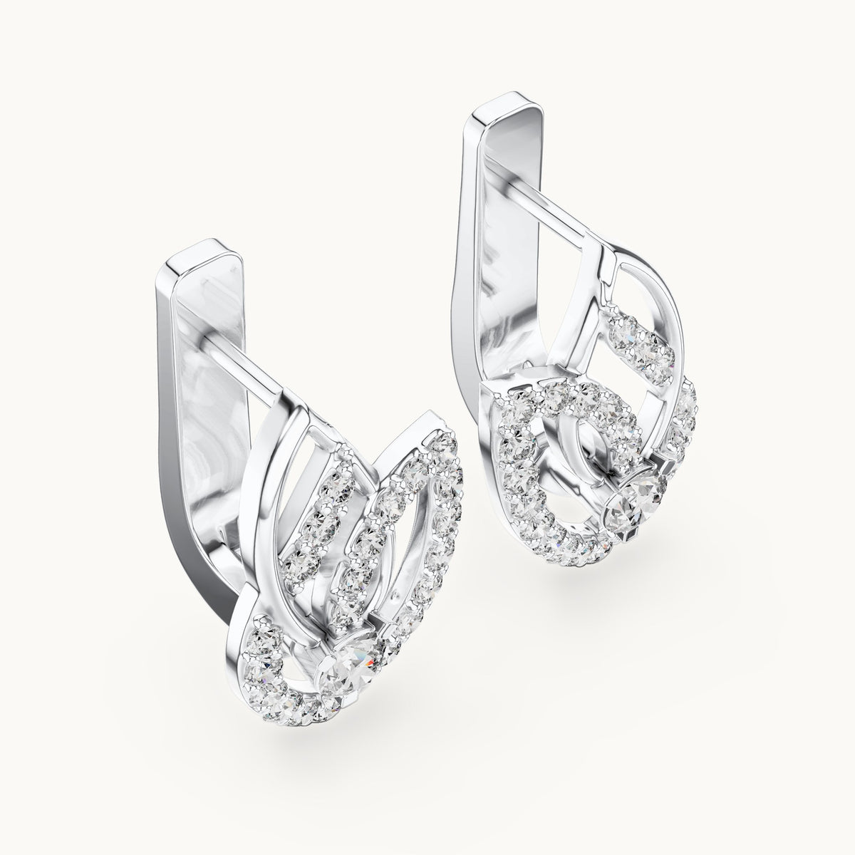 Round lab-grown diamond pave leaf huggie earrings in white gold, 0.546 CT TW, view 2