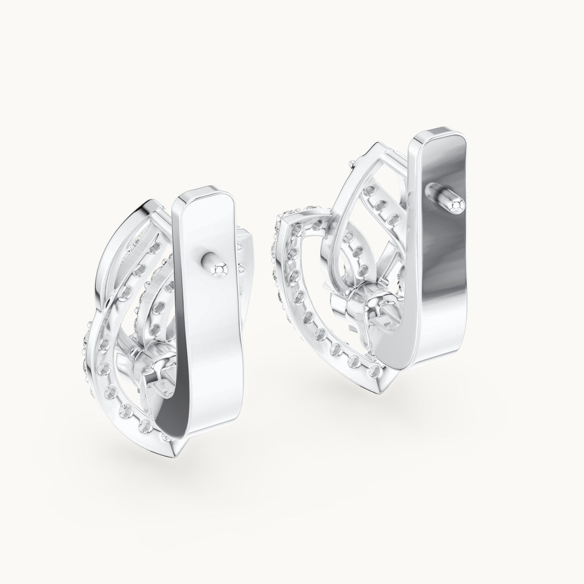 Round lab-grown diamond pave leaf huggie earrings in white gold, 0.546 CT TW, view 3