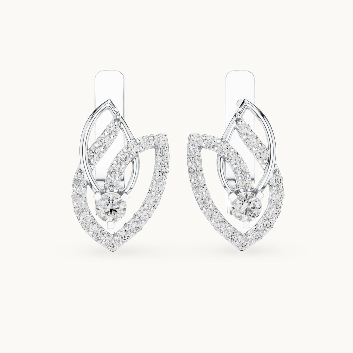 Round lab-grown diamond pave leaf huggie earrings in white gold, 0.546 CT TW, view 4