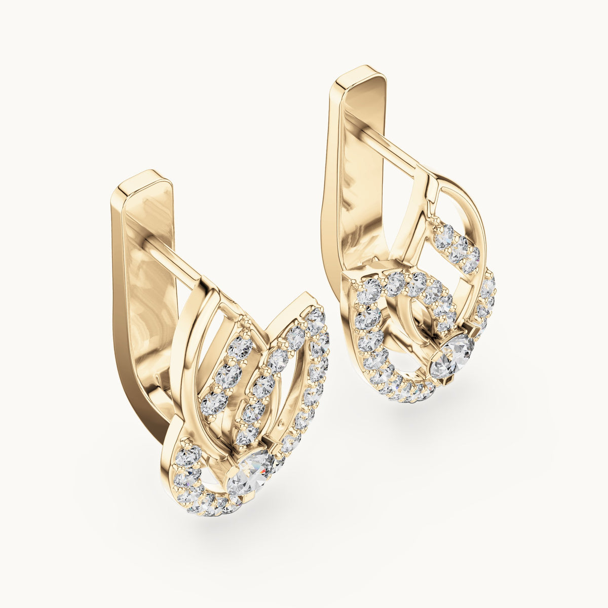 Round lab-grown diamond pave leaf huggie earrings in yellow gold, 0.546 CT TW, view 2