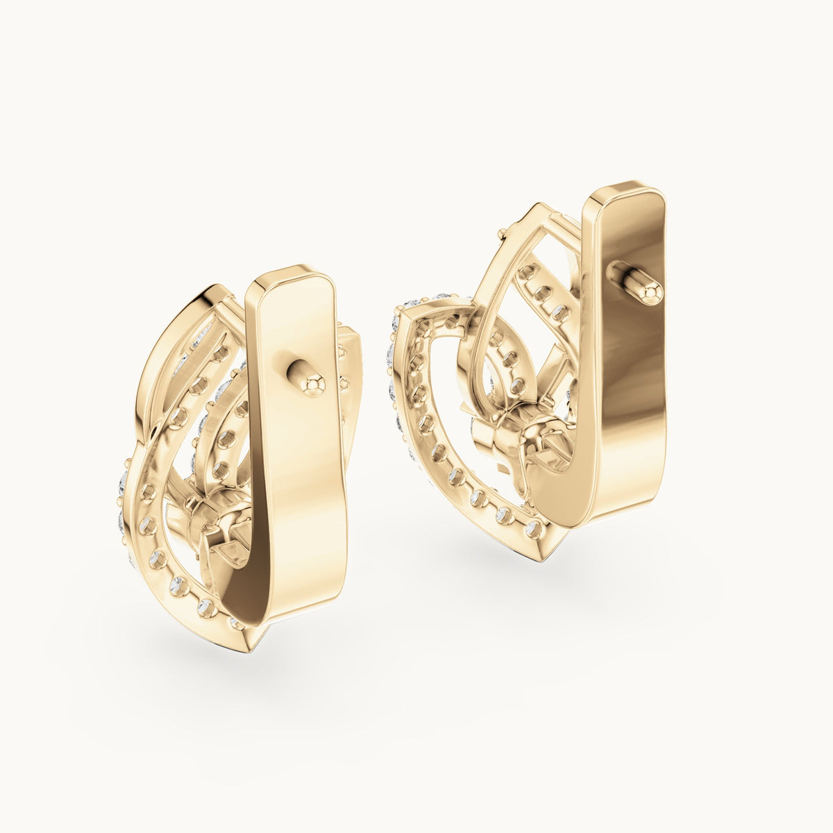 Round lab-grown diamond pave leaf huggie earrings in yellow gold, 0.546 CT TW, view 3