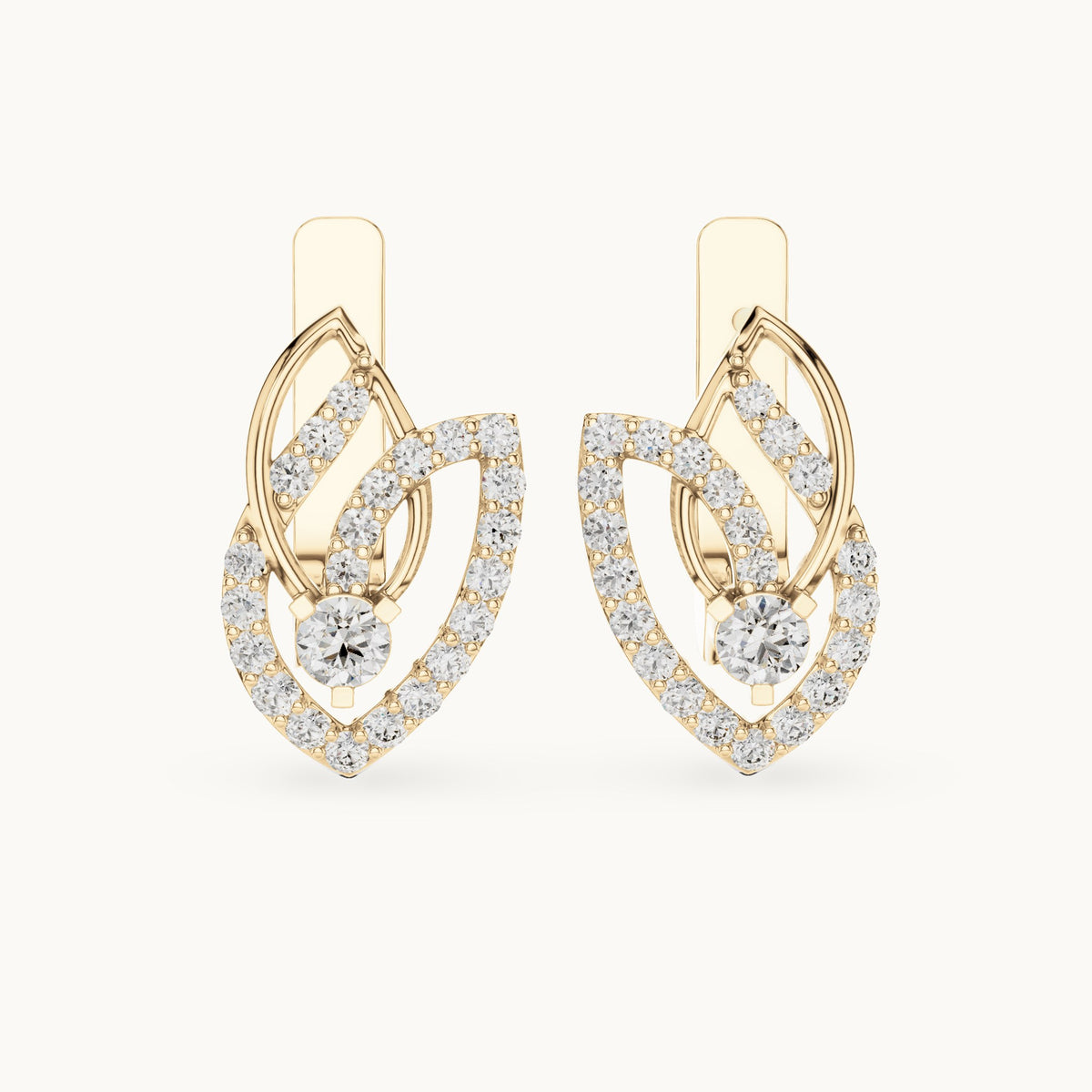 Round lab-grown diamond pave leaf huggie earrings in yellow gold, 0.546 CT TW, view 4