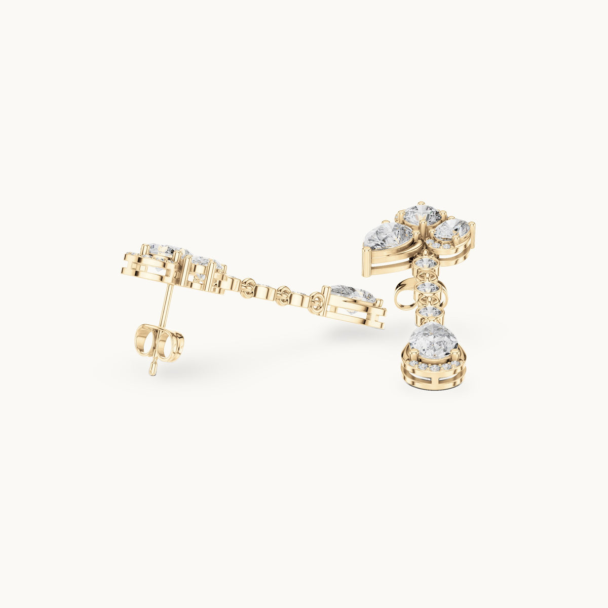 Pear, round and oval lab-grown diamond drop earrings in yellow gold, 5.568 CT TW, view 1