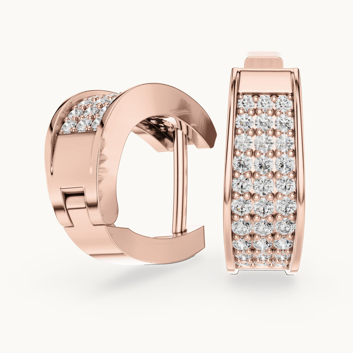 Round lab-grown diamond three-row pave wide huggie earrings in rose gold, 0.694 CT TW, view 1