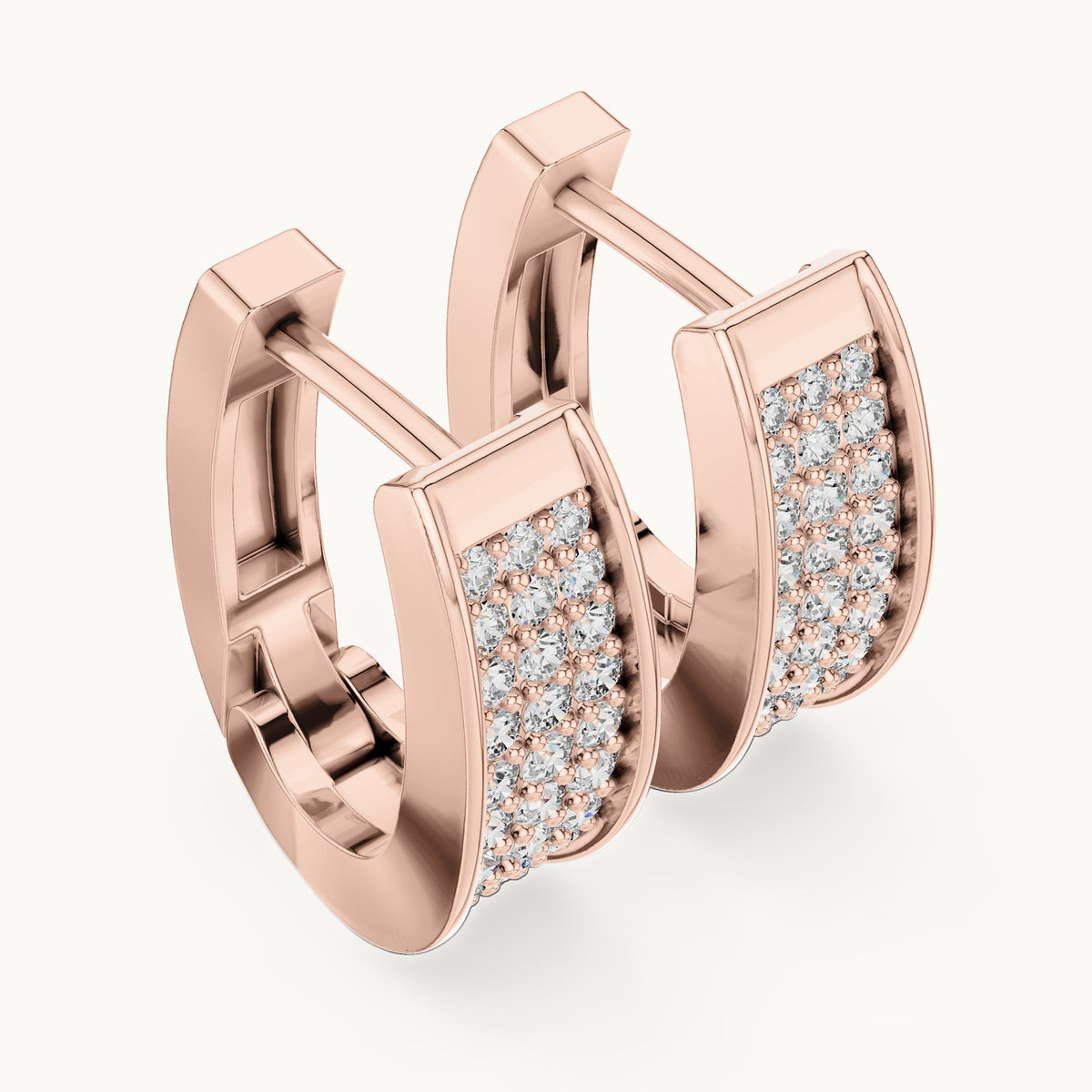 Round lab-grown diamond three-row pave wide huggie earrings in rose gold, 0.694 CT TW, view 2
