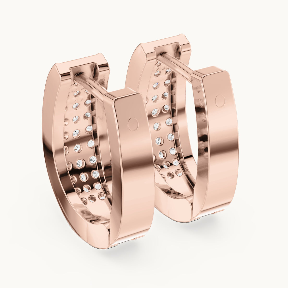 Round lab-grown diamond three-row pave wide huggie earrings in rose gold, 0.694 CT TW, view 3
