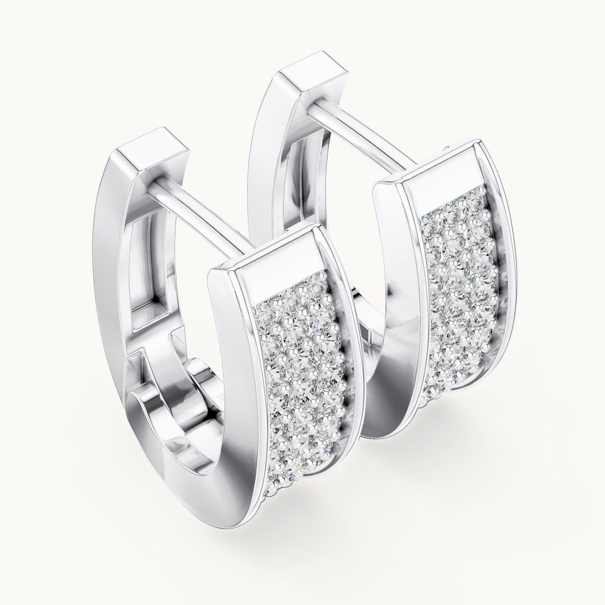 Round lab-grown diamond three-row pave wide huggie earrings in white gold, 0.694 CT TW, view 2