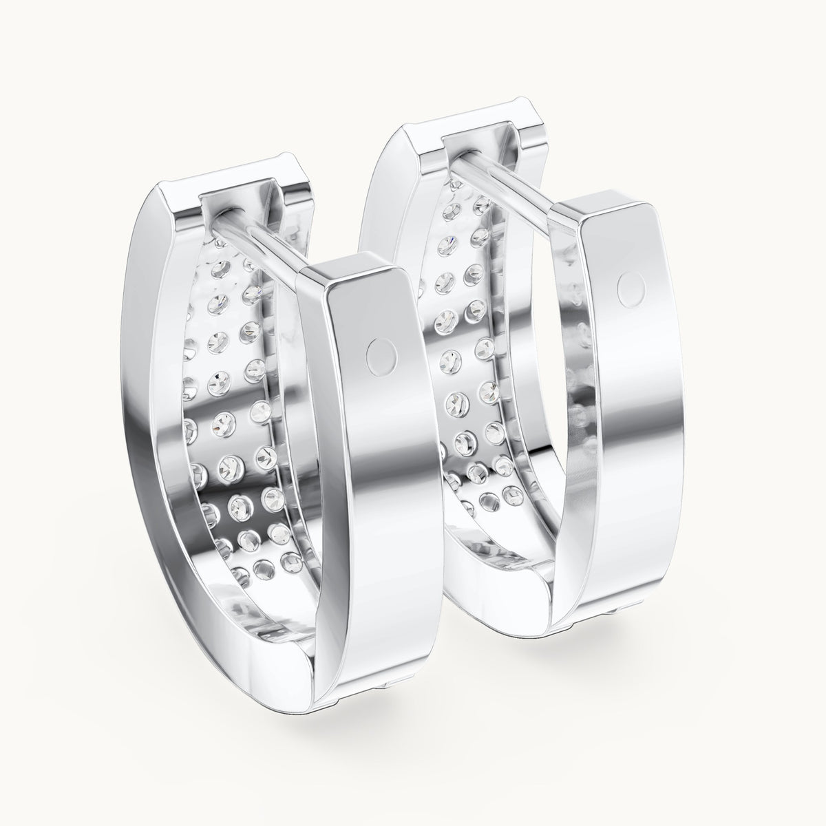 Round lab-grown diamond three-row pave wide huggie earrings in white gold, 0.694 CT TW, view 3