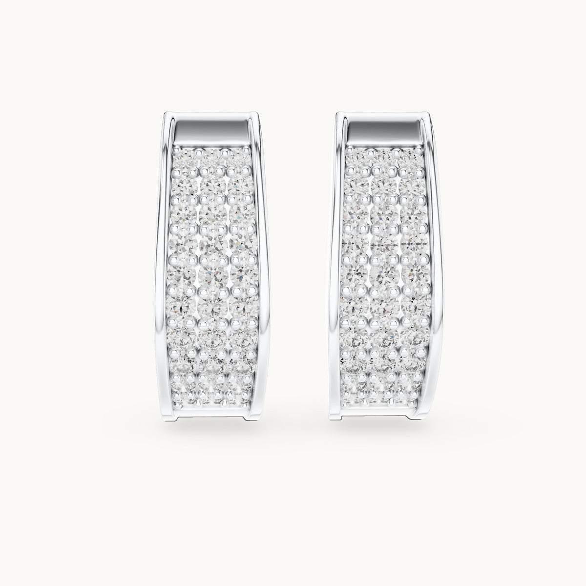 Round lab-grown diamond three-row pave wide huggie earrings in white gold, 0.694 CT TW, view 4