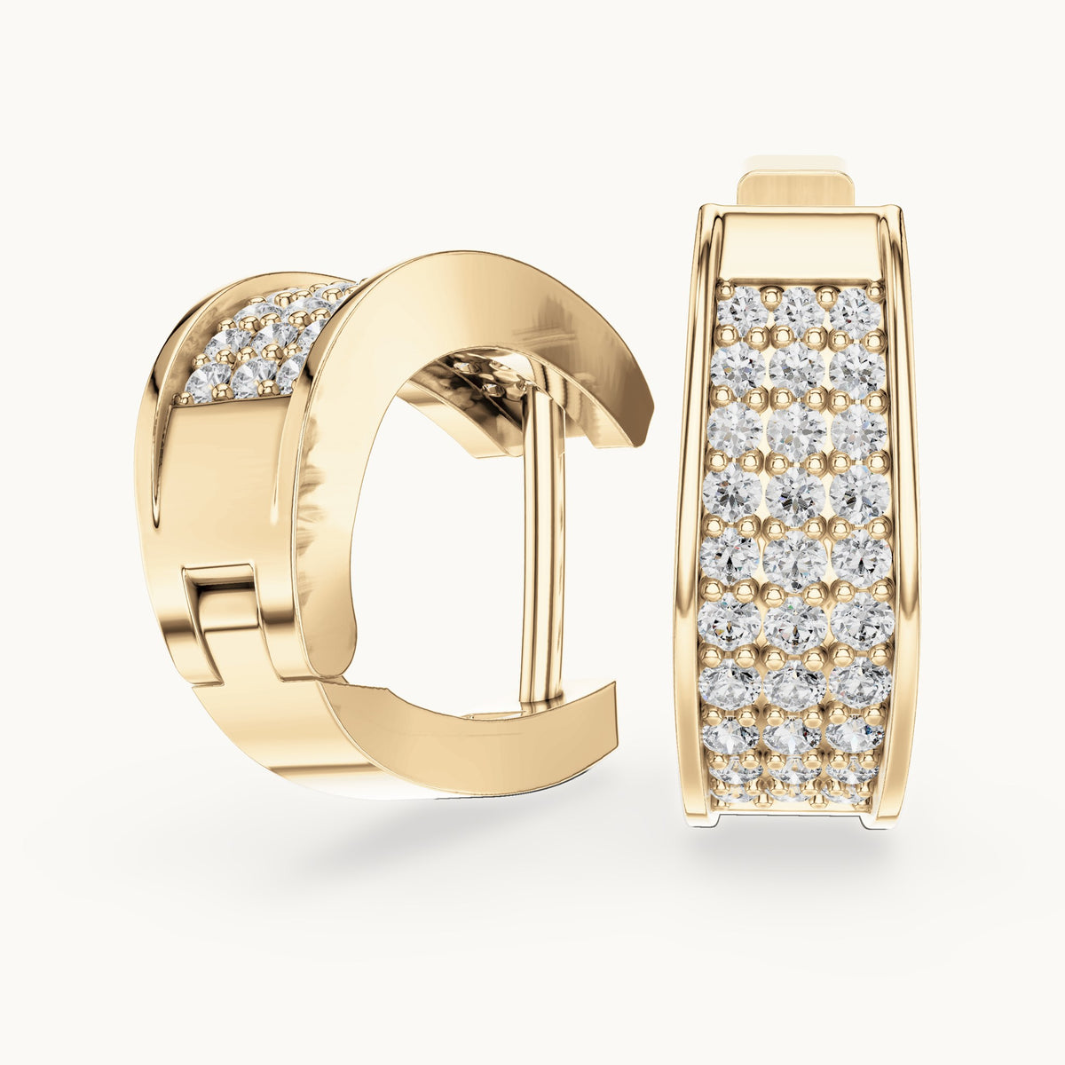 Round lab-grown diamond three-row pave wide huggie earrings in yellow gold, 0.694 CT TW, view 1