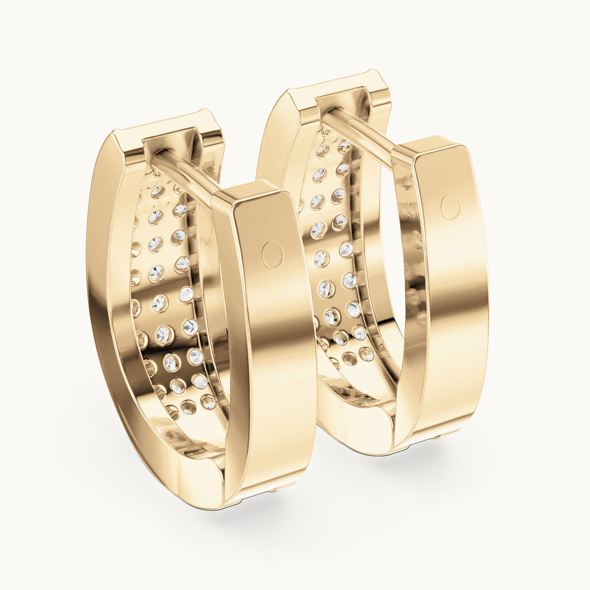 Round lab-grown diamond three-row pave wide huggie earrings in yellow gold, 0.694 CT TW, view 3