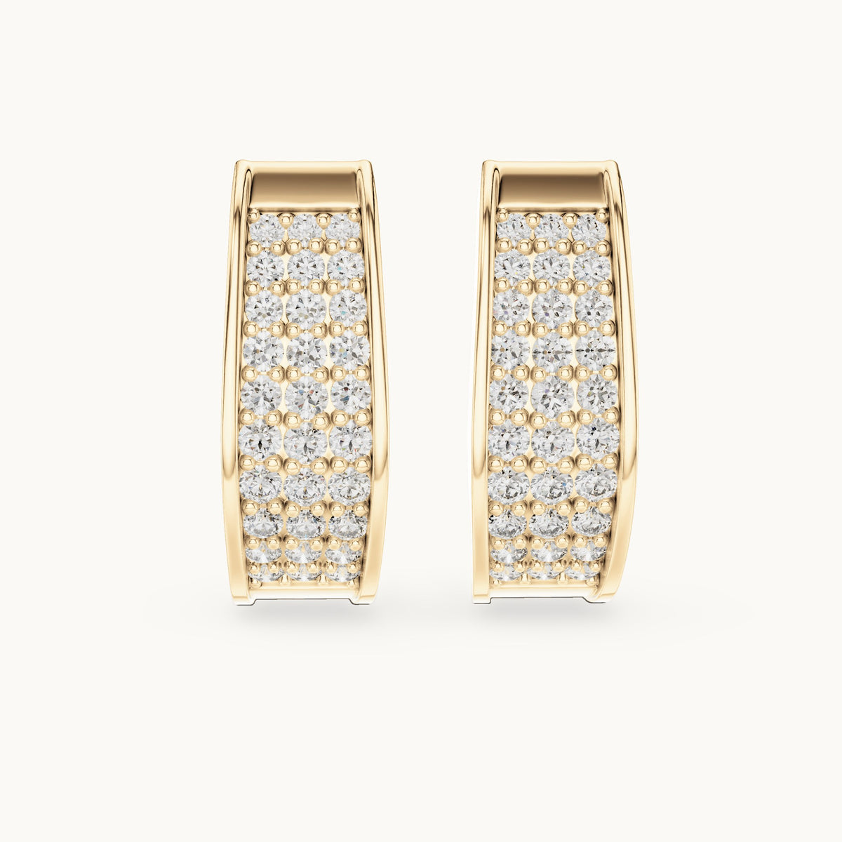 Round lab-grown diamond three-row pave wide huggie earrings in yellow gold, 0.694 CT TW, view 4