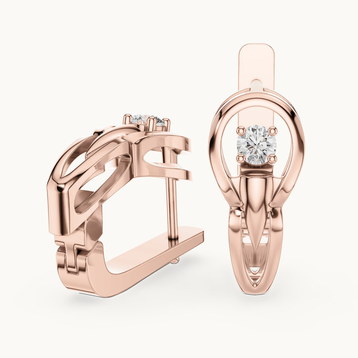 Round lab-grown diamond shield drop huggie earrings in rose gold, 0.18 CT TW, view 1