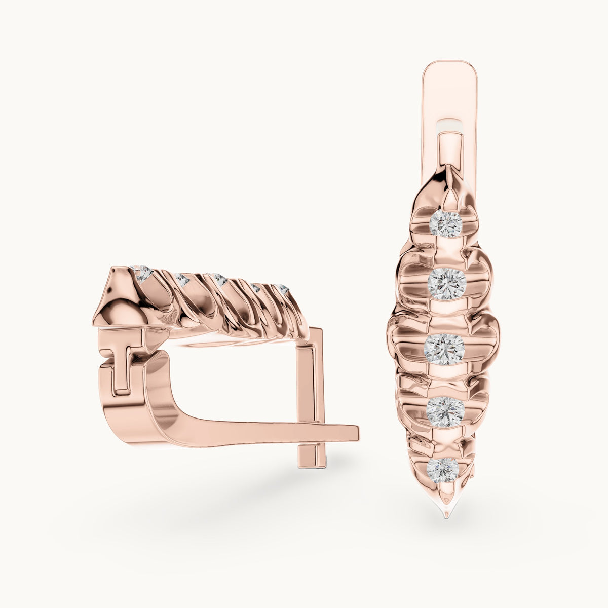 Round lab-grown diamond textured leaf huggie earrings in rose gold, 0.262 CT TW, view 1