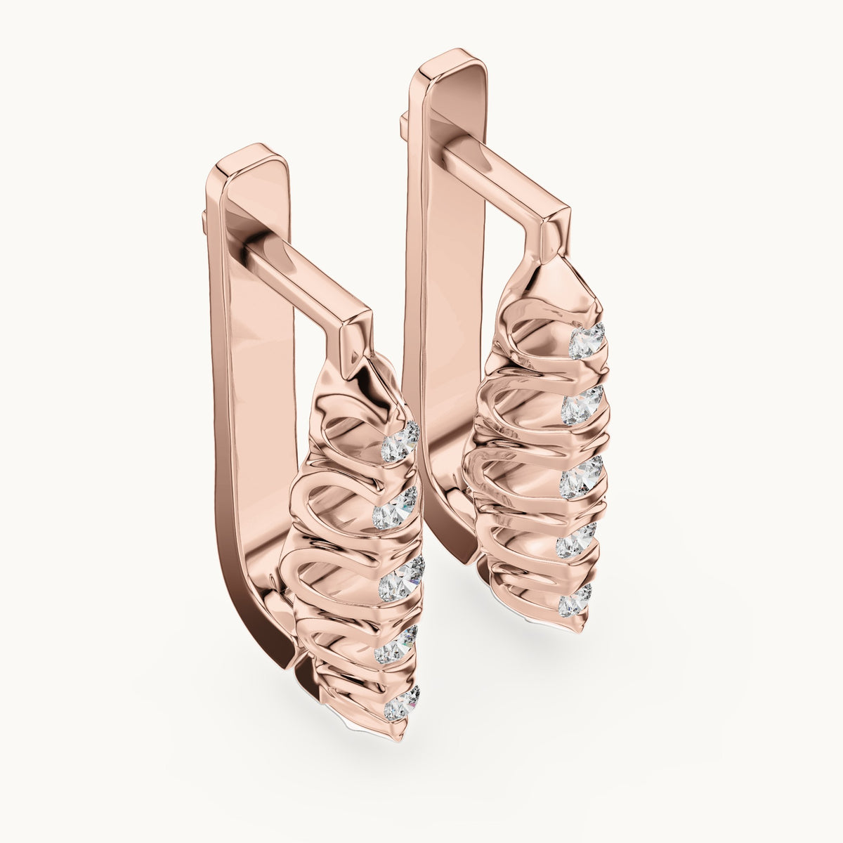 Round lab-grown diamond textured leaf huggie earrings in rose gold, 0.262 CT TW, view 2