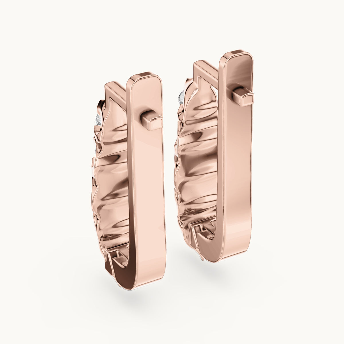 Round lab-grown diamond textured leaf huggie earrings in rose gold, 0.262 CT TW, view 3