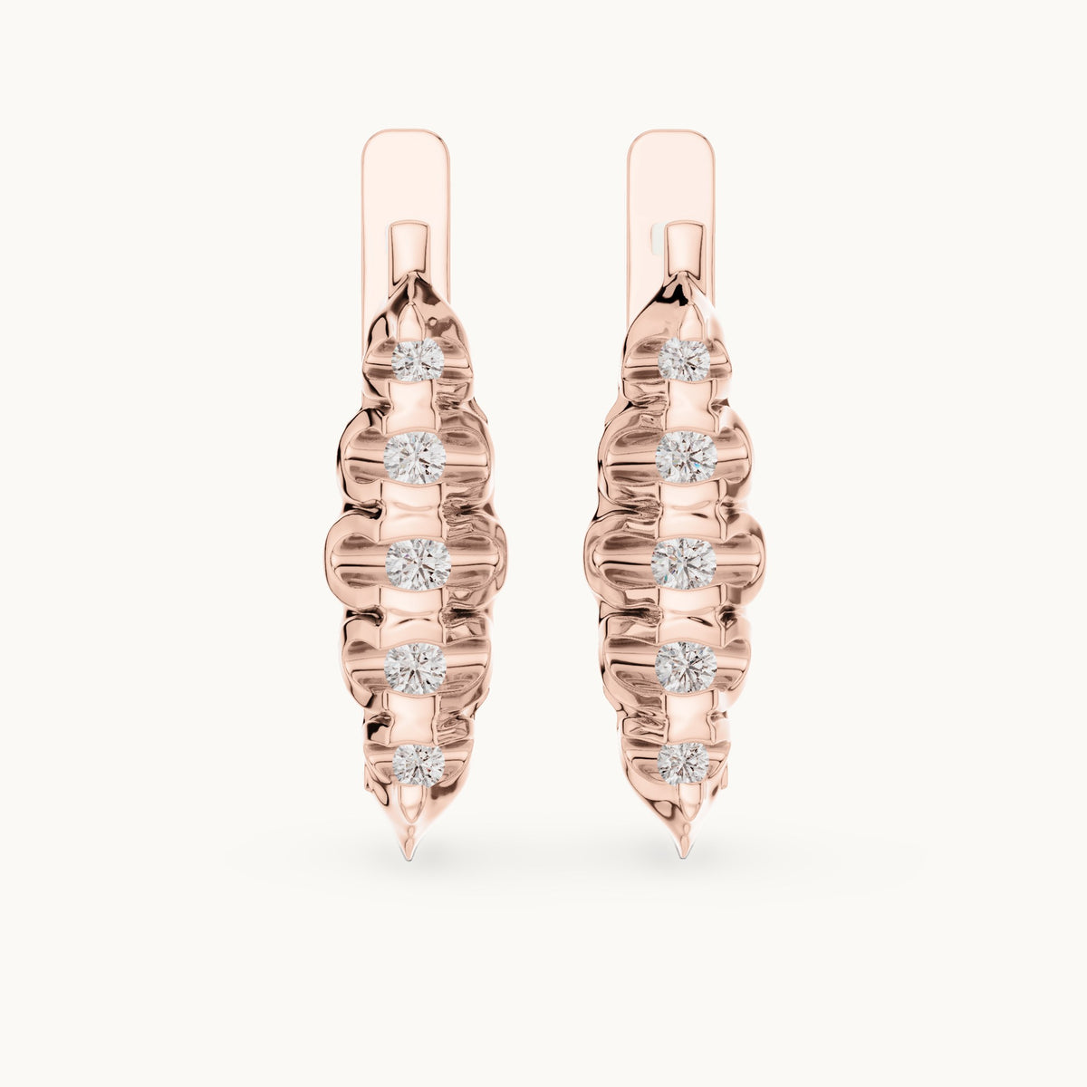 Round lab-grown diamond textured leaf huggie earrings in rose gold, 0.262 CT TW, view 4