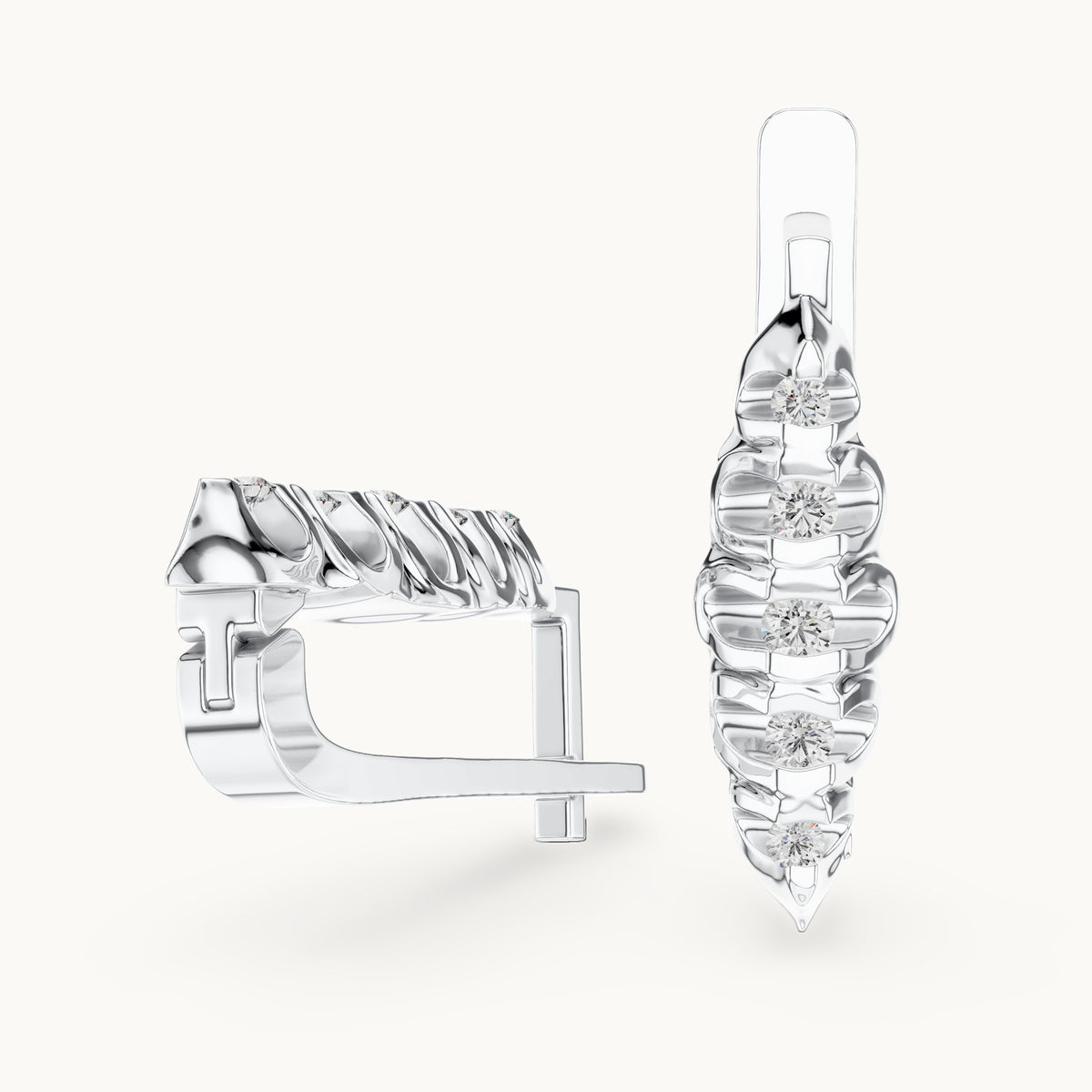 Round lab-grown diamond textured leaf huggie earrings in white gold, 0.262 CT TW, view 1