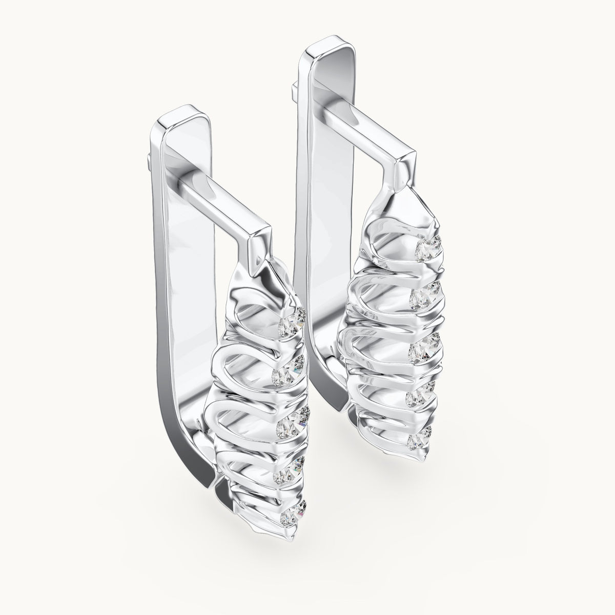 Round lab-grown diamond textured leaf huggie earrings in white gold, 0.262 CT TW, view 2