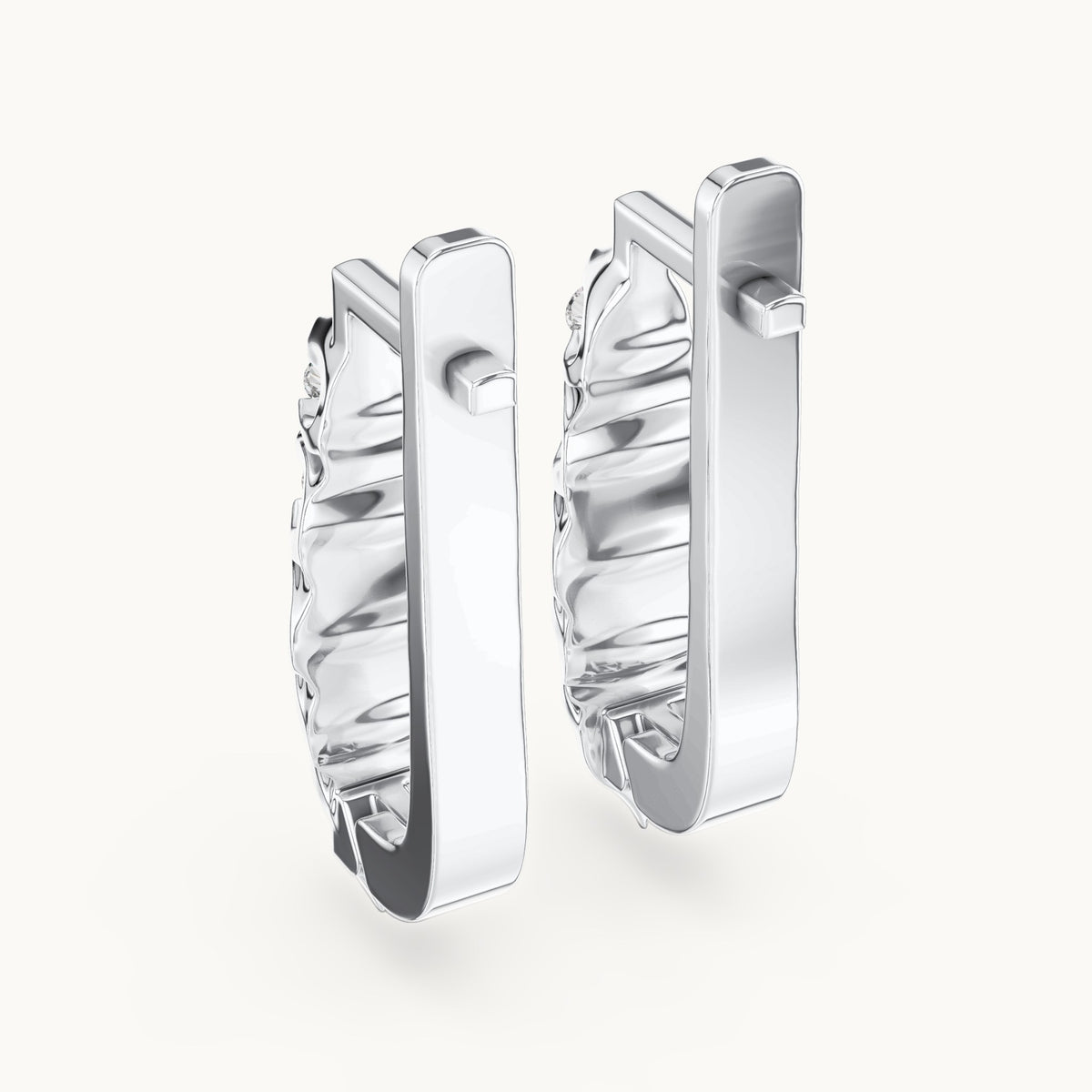 Round lab-grown diamond textured leaf huggie earrings in white gold, 0.262 CT TW, view 3