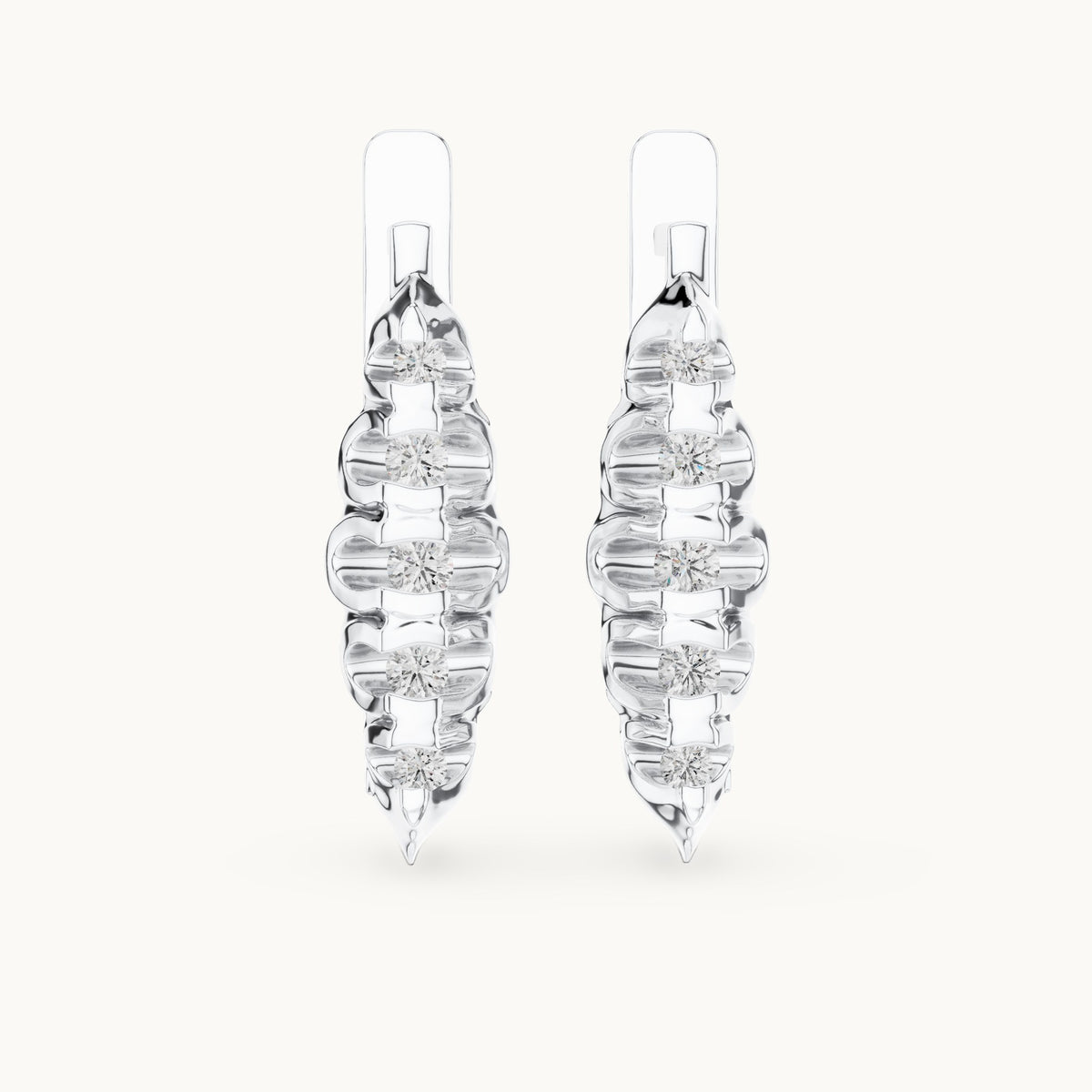 Round lab-grown diamond textured leaf huggie earrings in white gold, 0.262 CT TW, view 4