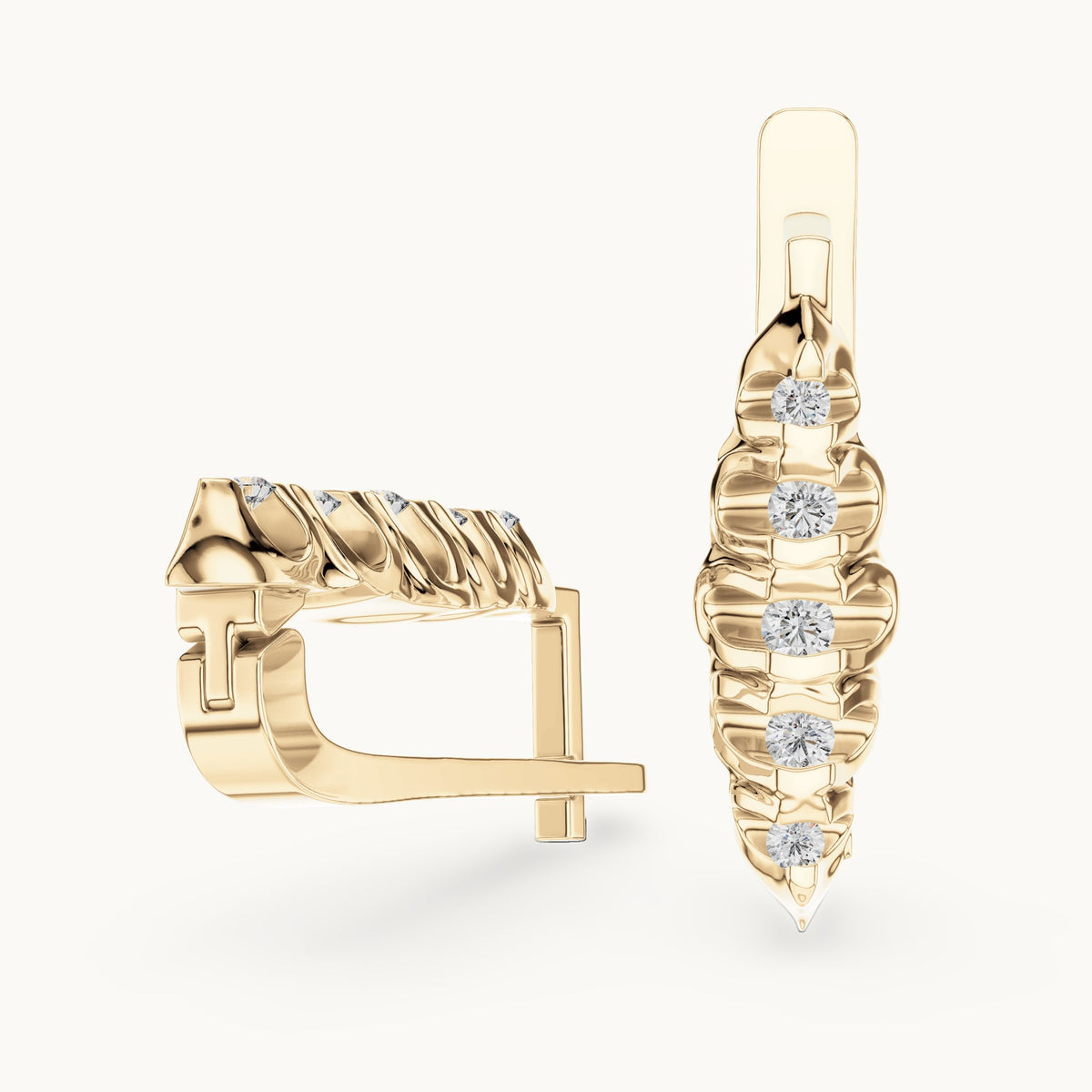 Round lab-grown diamond textured leaf huggie earrings in yellow gold, 0.262 CT TW, view 1