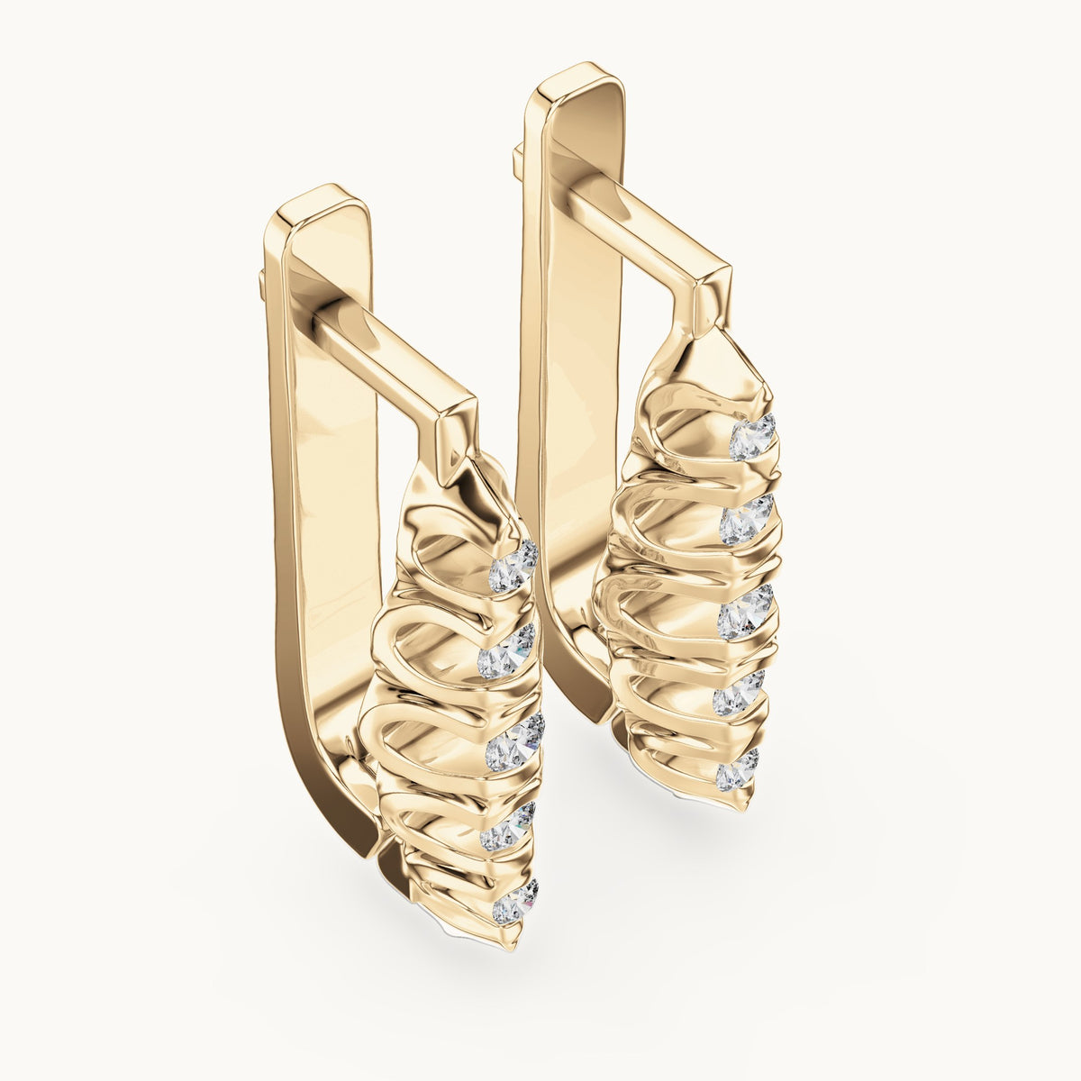 Round lab-grown diamond textured leaf huggie earrings in yellow gold, 0.262 CT TW, view 2