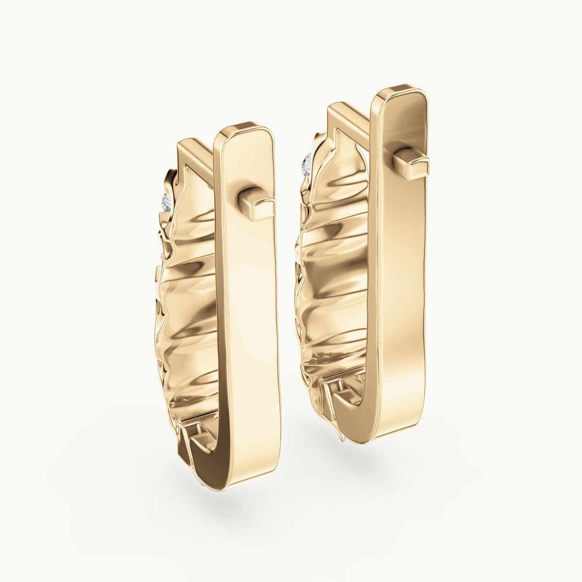 Round lab-grown diamond textured leaf huggie earrings in yellow gold, 0.262 CT TW, view 3