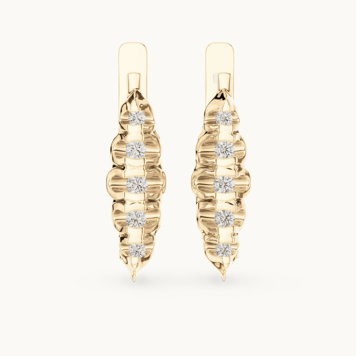 Round lab-grown diamond textured leaf huggie earrings in yellow gold, 0.262 CT TW, view 4