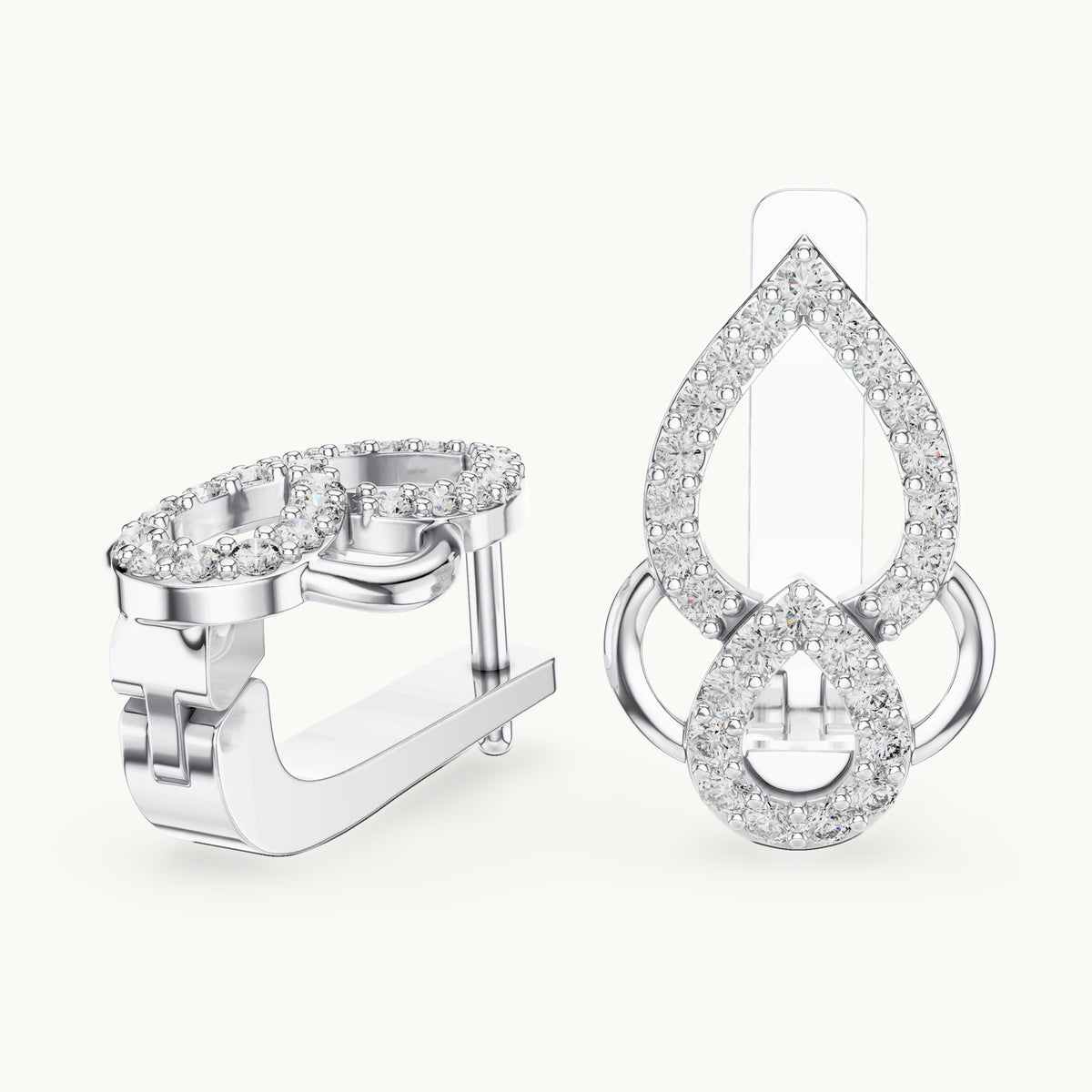 Round lab-grown diamond pave pear outline huggie earrings in white gold, 0.364 CT TW, view 1