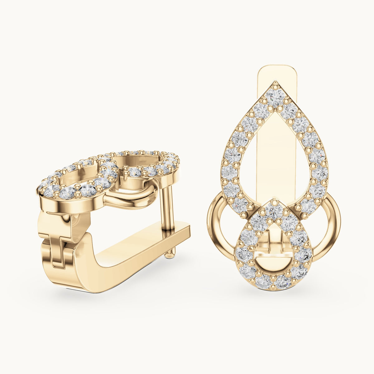 Round lab-grown diamond pave pear outline huggie earrings in yellow gold, 0.364 CT TW, view 1