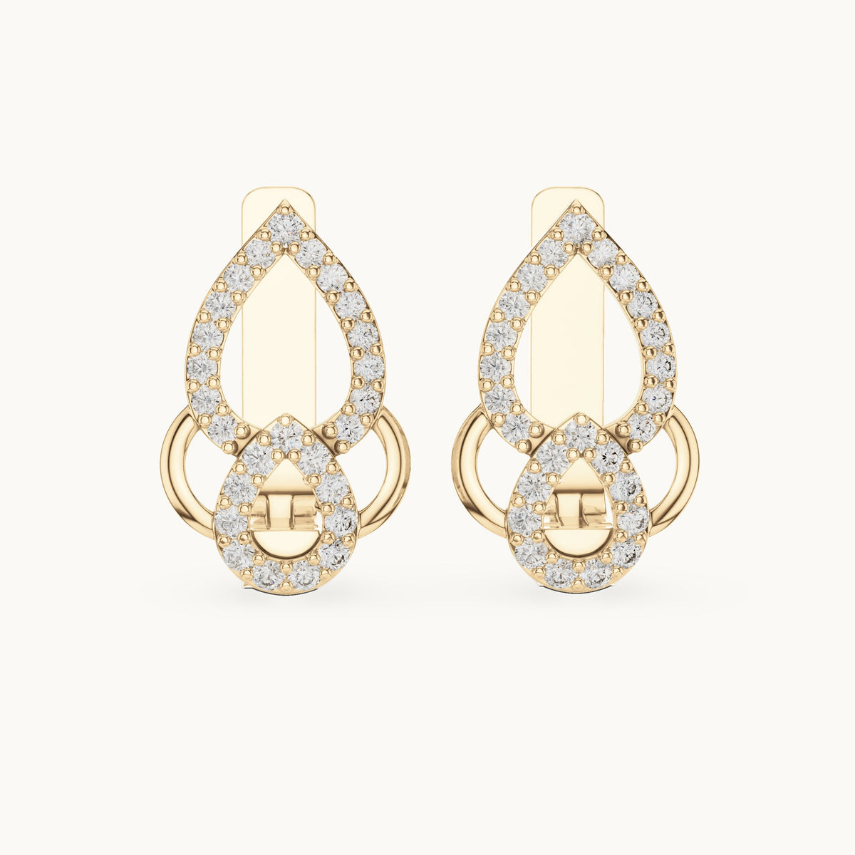Round lab-grown diamond pave pear outline huggie earrings in yellow gold, 0.364 CT TW, view 4