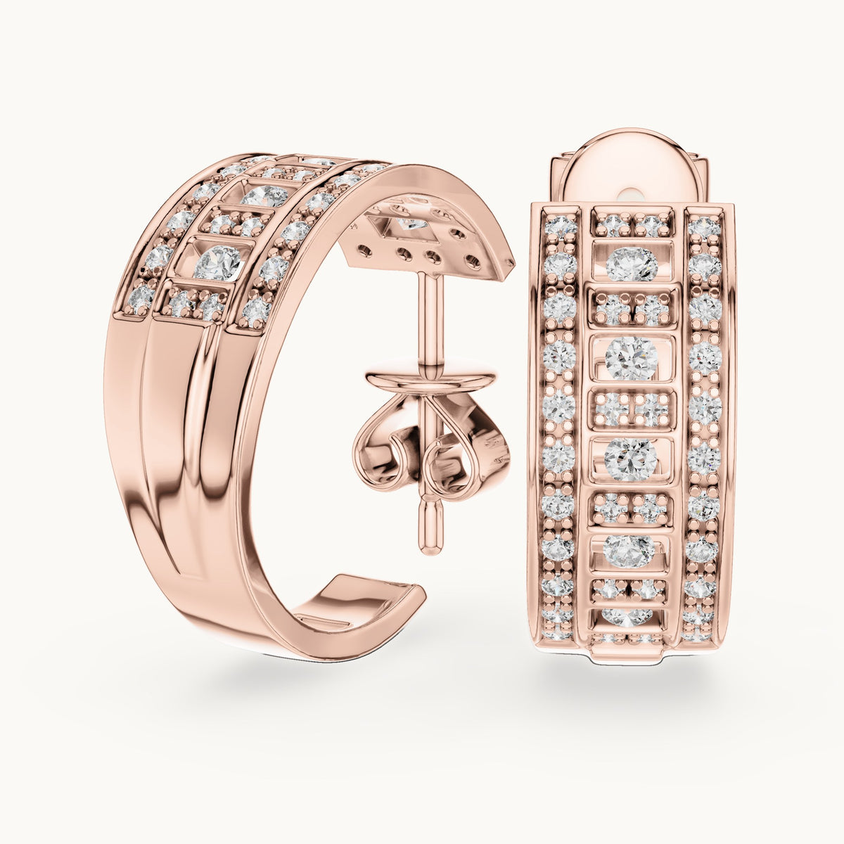 Round lab-grown diamond grid pave huggie earrings in rose gold, 0.608 CT TW, view 1