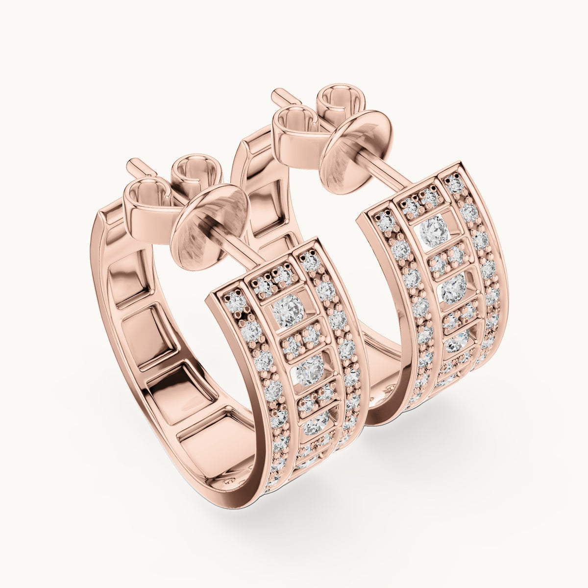 Round lab-grown diamond grid pave huggie earrings in rose gold, 0.608 CT TW, view 2