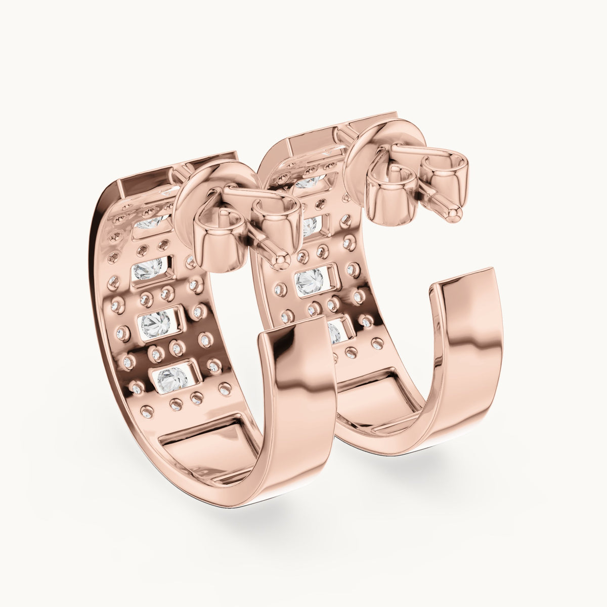 Round lab-grown diamond grid pave huggie earrings in rose gold, 0.608 CT TW, view 3