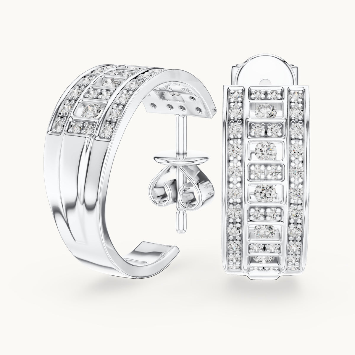 Round lab-grown diamond grid pave huggie earrings in white gold, 0.608 CT TW, view 1