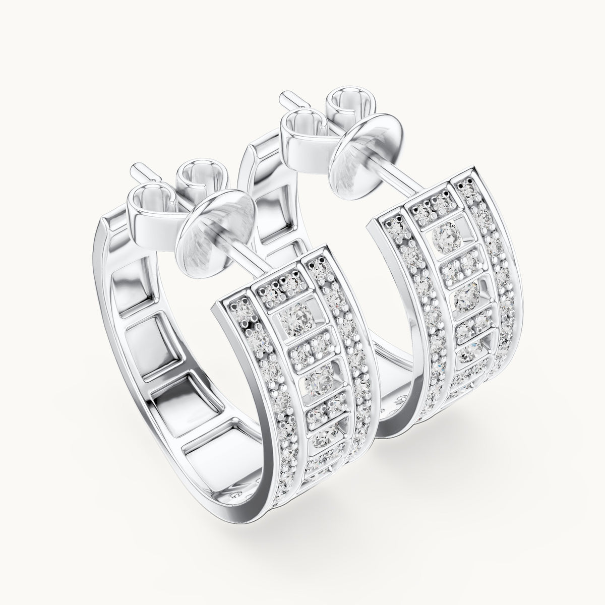 Round lab-grown diamond grid pave huggie earrings in white gold, 0.608 CT TW, view 2