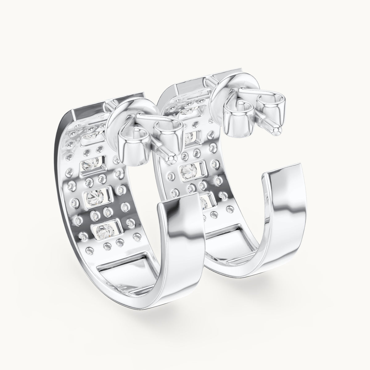 Round lab-grown diamond grid pave huggie earrings in white gold, 0.608 CT TW, view 3