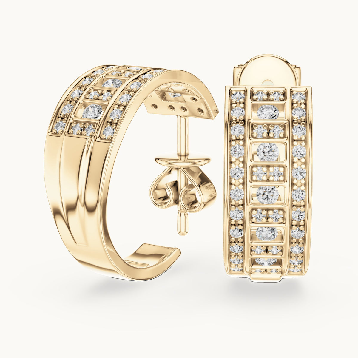 Round lab-grown diamond grid pave huggie earrings in yellow gold, 0.608 CT TW, view 1