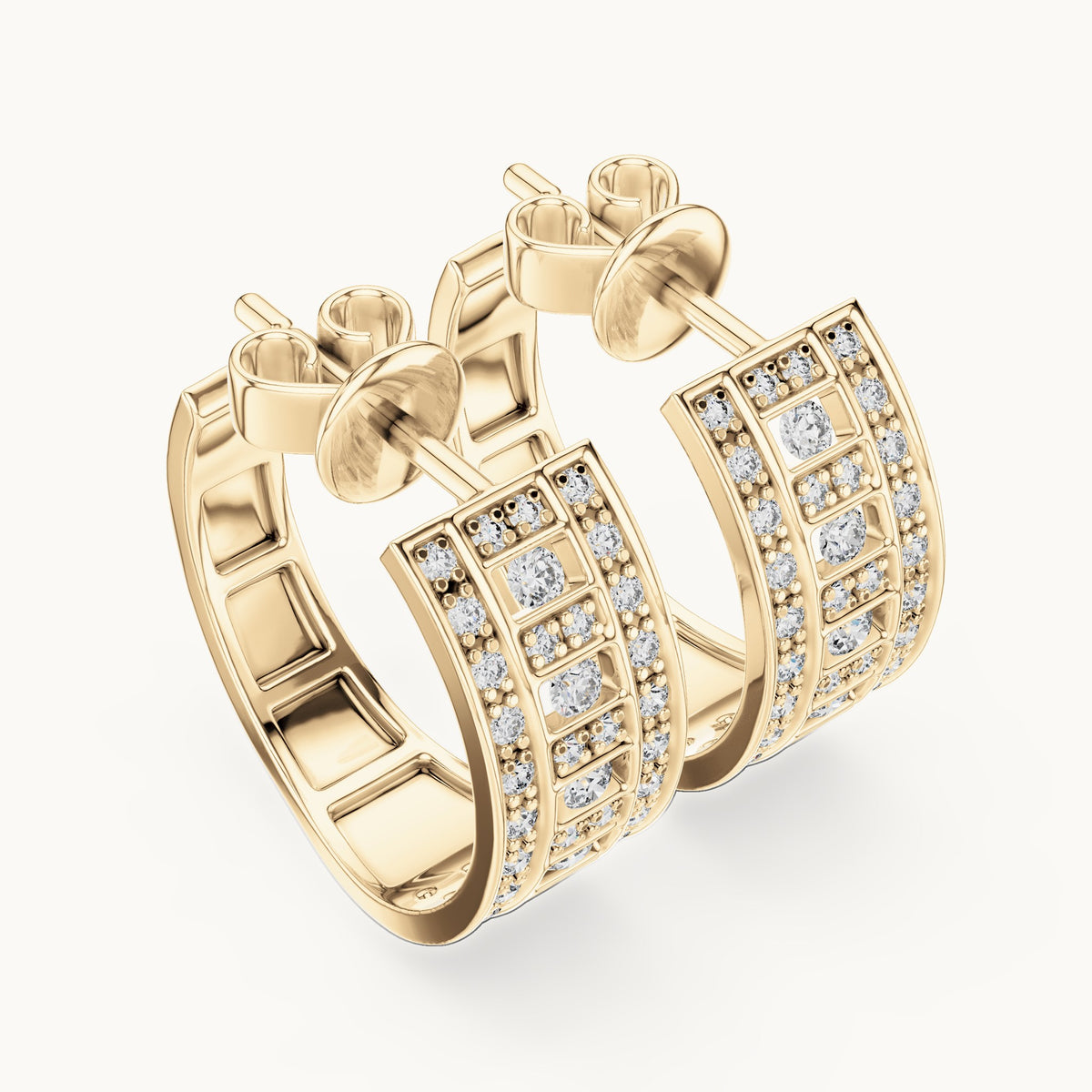Round lab-grown diamond grid pave huggie earrings in yellow gold, 0.608 CT TW, view 2