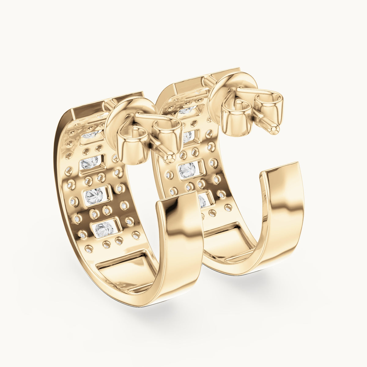 Round lab-grown diamond grid pave huggie earrings in yellow gold, 0.608 CT TW, view 3