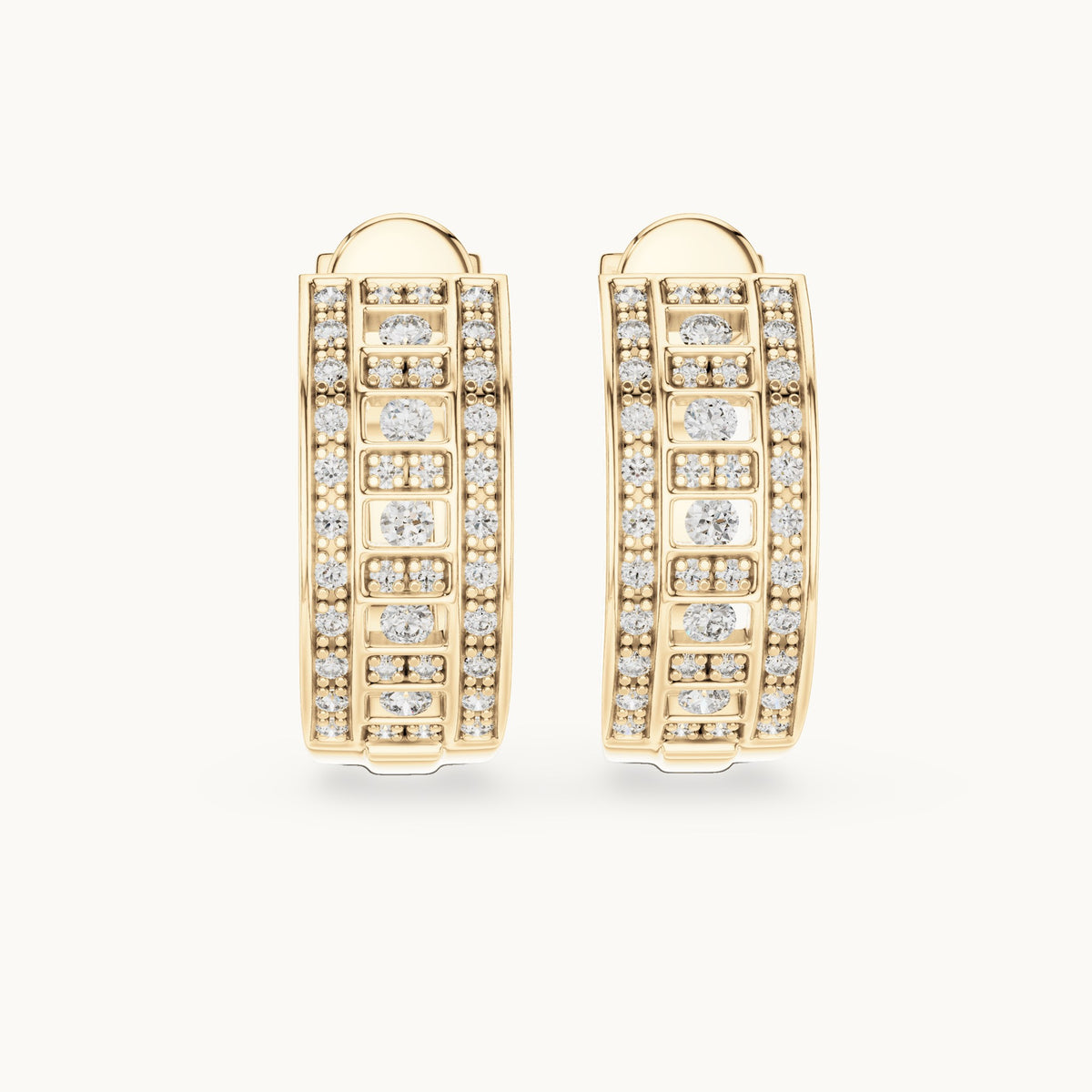 Round lab-grown diamond grid pave huggie earrings in yellow gold, 0.608 CT TW, view 4