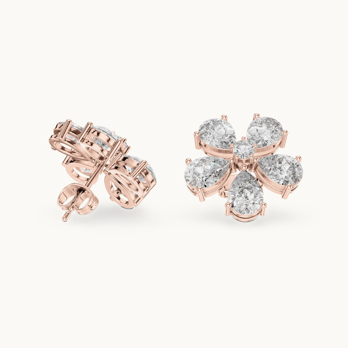 Pear and round lab-grown diamond flower stud earrings in rose gold, 7.35 CT TW, view 1