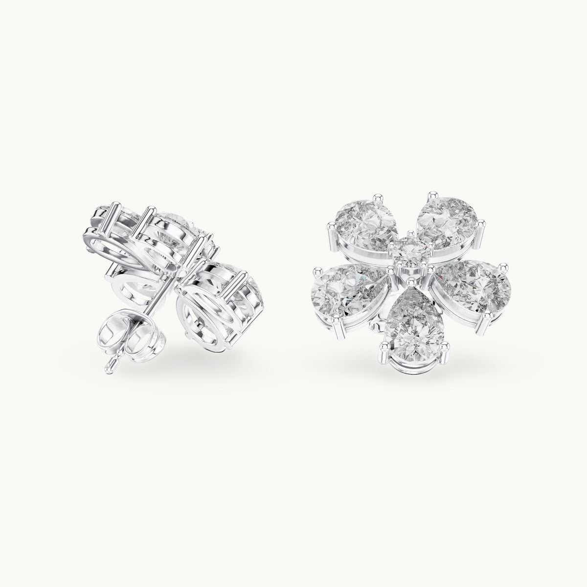Pear and round lab-grown diamond flower stud earrings in white gold, 7.35 CT TW, view 1
