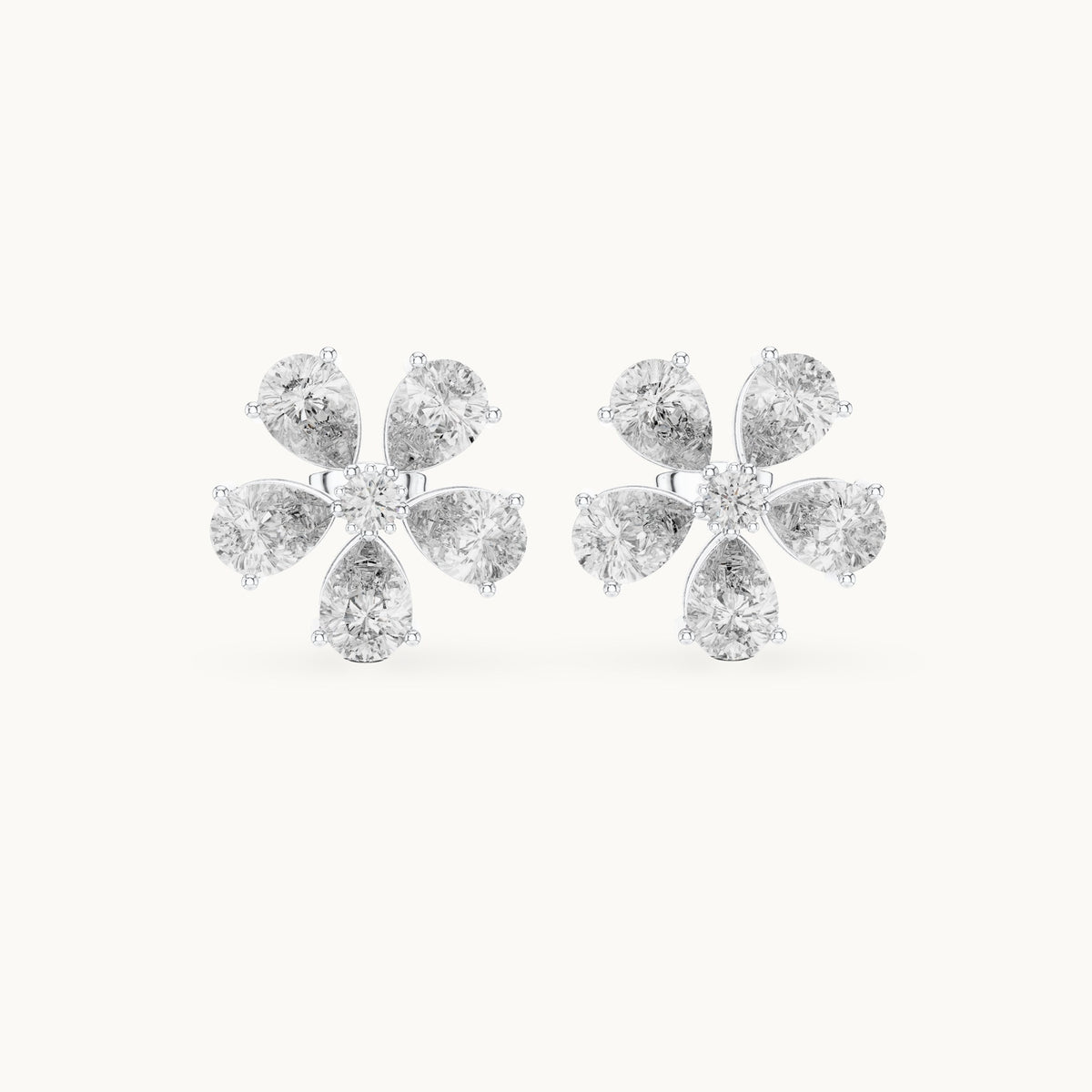 Pear and round lab-grown diamond flower stud earrings in white gold, 7.35 CT TW, view 4